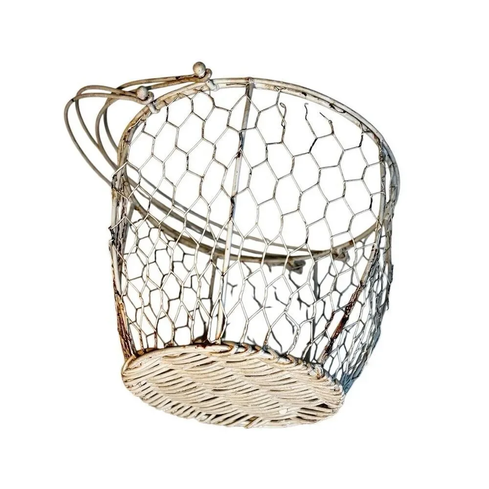Vintage Wire & Wicker Basket with Handles Egg Basket Cottagecore Grannycore